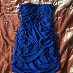 Blue waterfall strapless mini dress